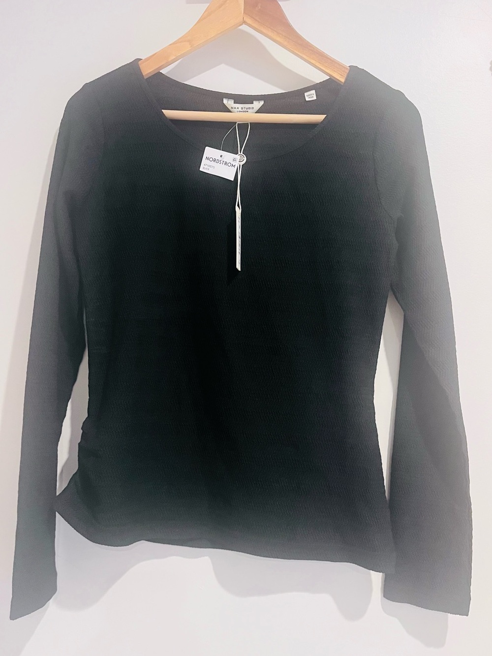 Max Studio MEDIUM long sleeve knit top side ruching textured black stretchy NWT